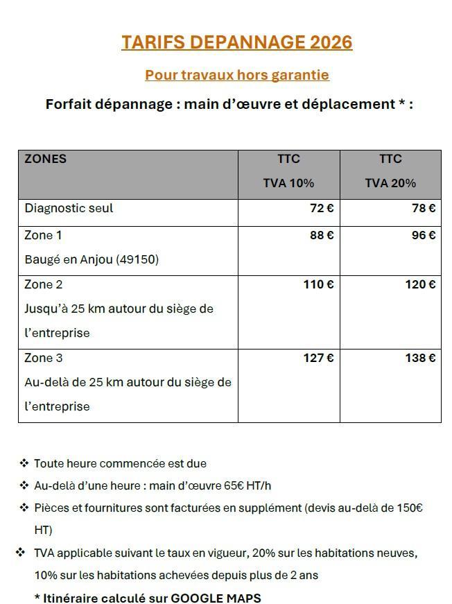 TARIF DEPANNAGE 2026